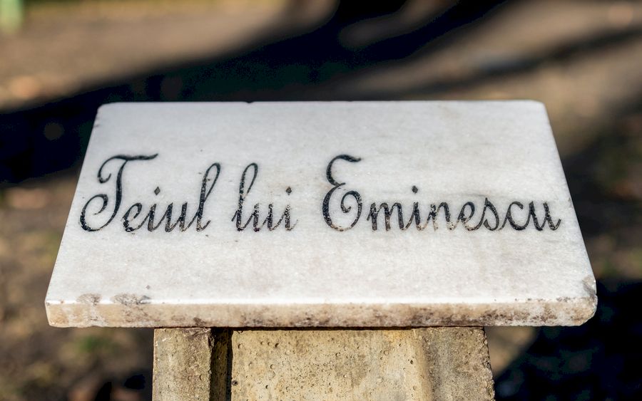 Eminescu Linden Tree sign in Copou Park in Iasi, Romania