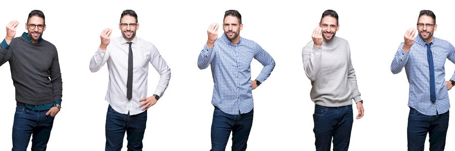 Collage of handsome business man over white isolated background Doing Italian gesture with hand and fingers confident expression