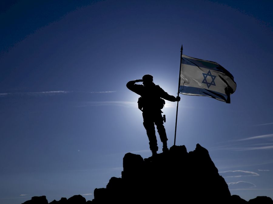Soldier on top of the mountain with the Israeli flag