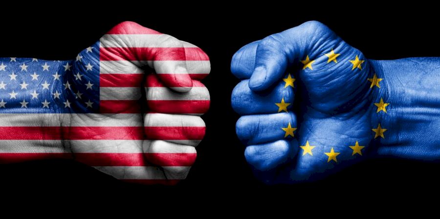 American,Flag,Fist,Against,European,Union,Flag,Fist.,Concept,Of
